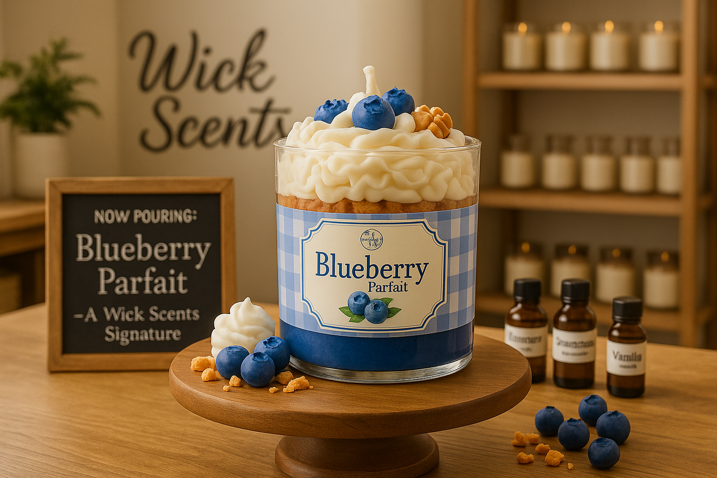 This beautifully layered dessert-inspired candle blends the comforting aroma of warm vanilla with the richness of blueberry and cheesecake. Hand-poured into a clear glass jar, it features a realistic whipped topping, wax blueberries, and crunchy wax crumbles that look just like granola — all crafted from high-quality, natural soy wax.